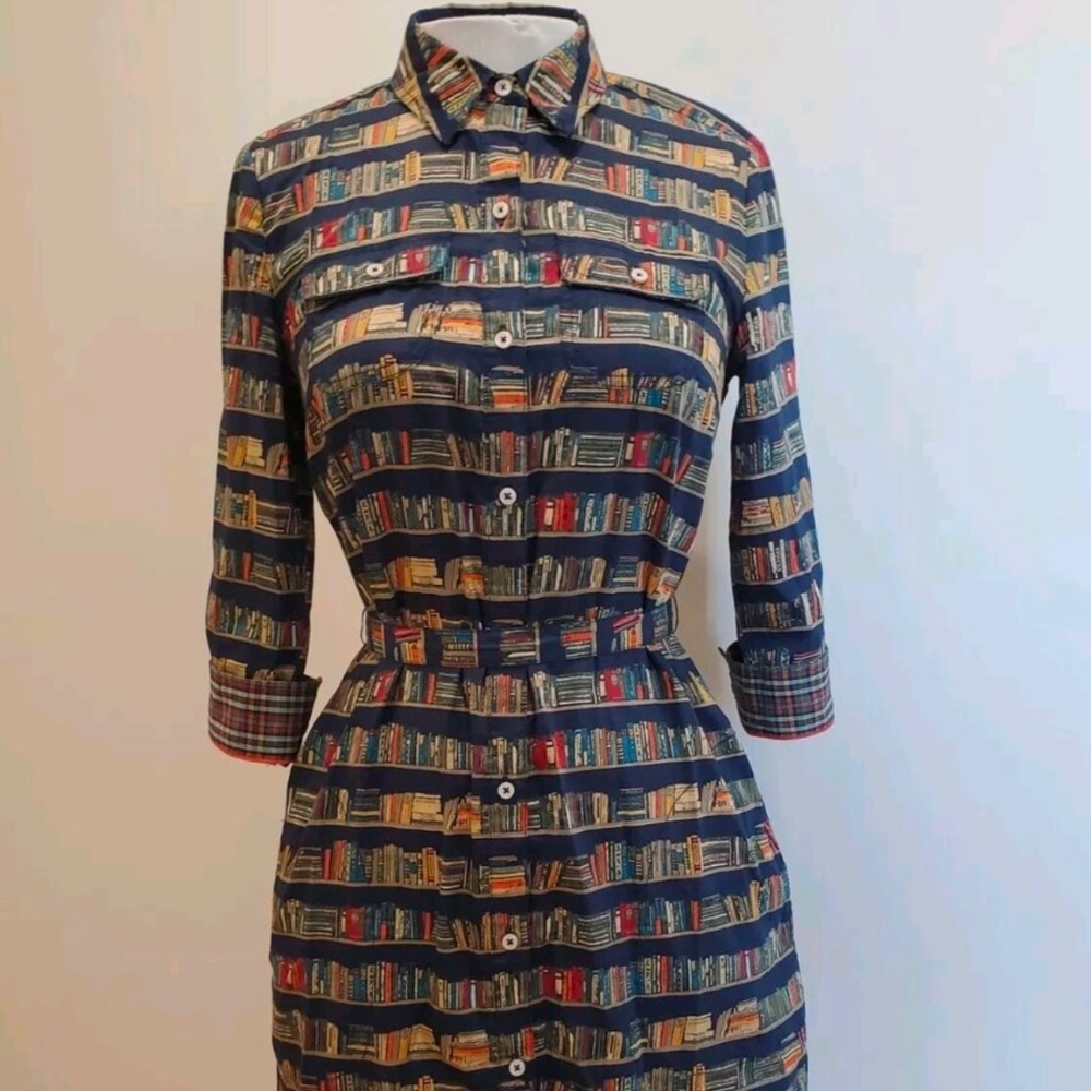 RARE NEW Tommy Hilfiger Button Up Library  Bookshelf Print Dress w/pockets! XL